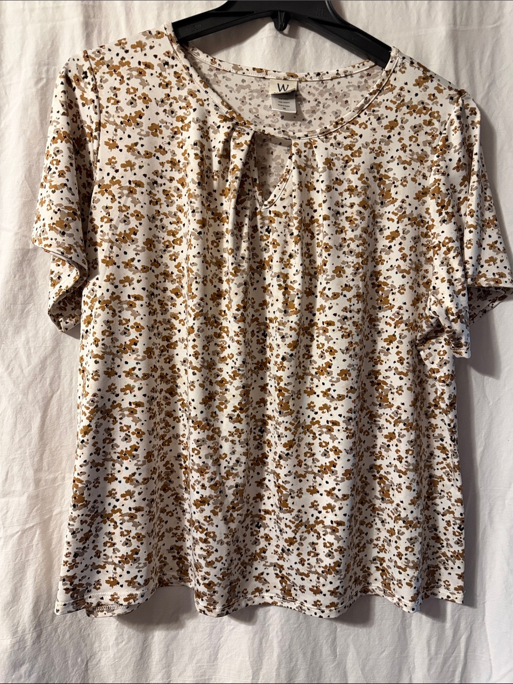 Wrapper White Floral Tie-Neck Blouse with Brown Print
